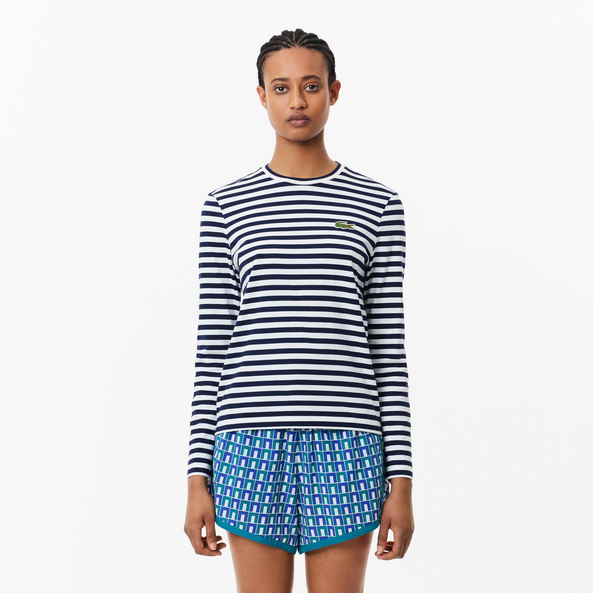 Lacoste striped sleeve crew sweater hot sale