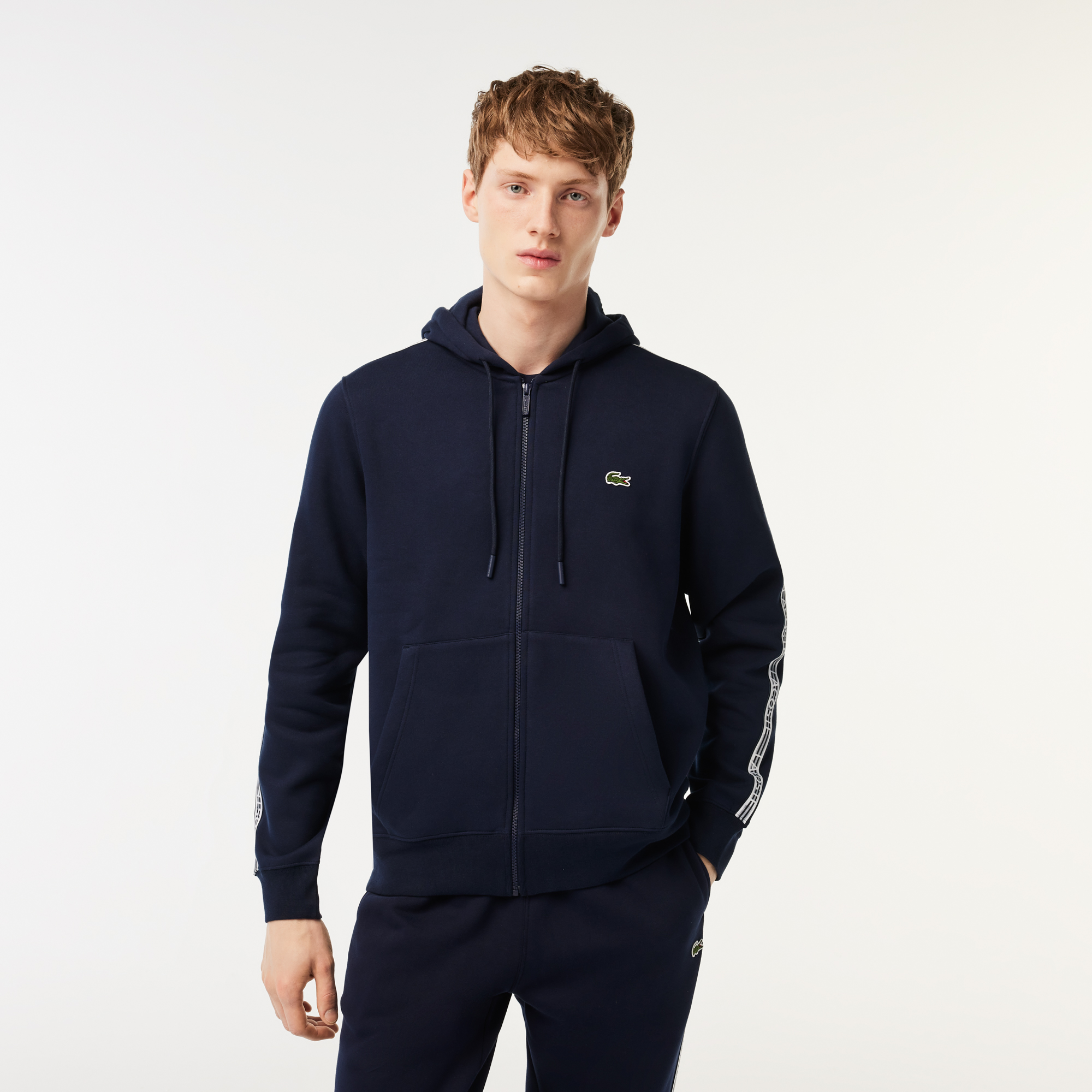 Men s Classic Fit Zipped Jogger Hoodie with Brand Stripes LACOSTE