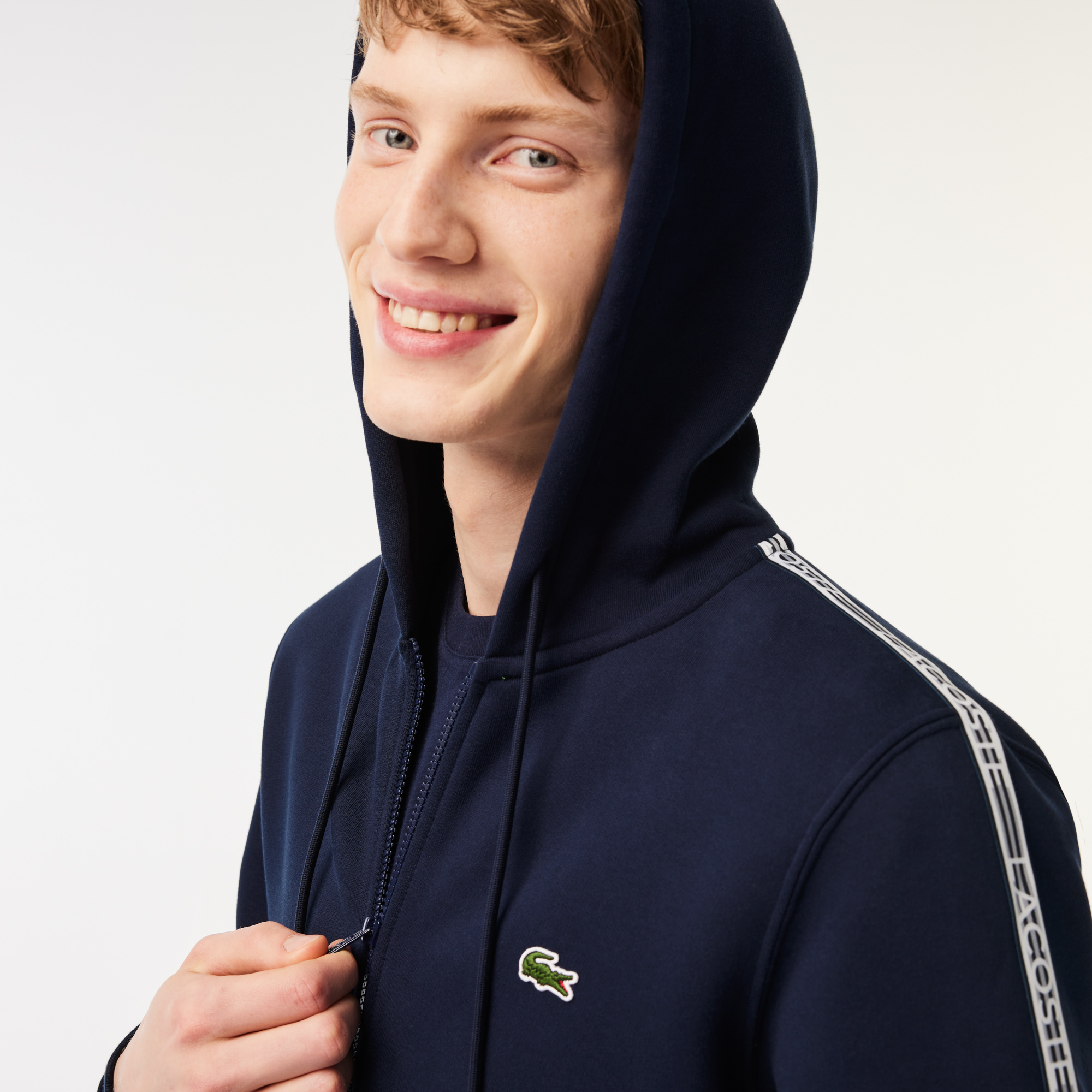 Men s Classic Fit Zipped Jogger Hoodie with Brand Stripes LACOSTE